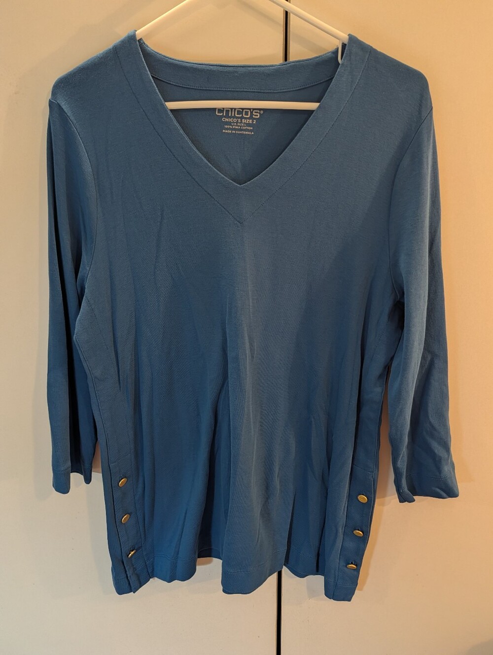 Chico's Teal Blue V-Neck Long Sleeve Top with Side Button Accents Size Large